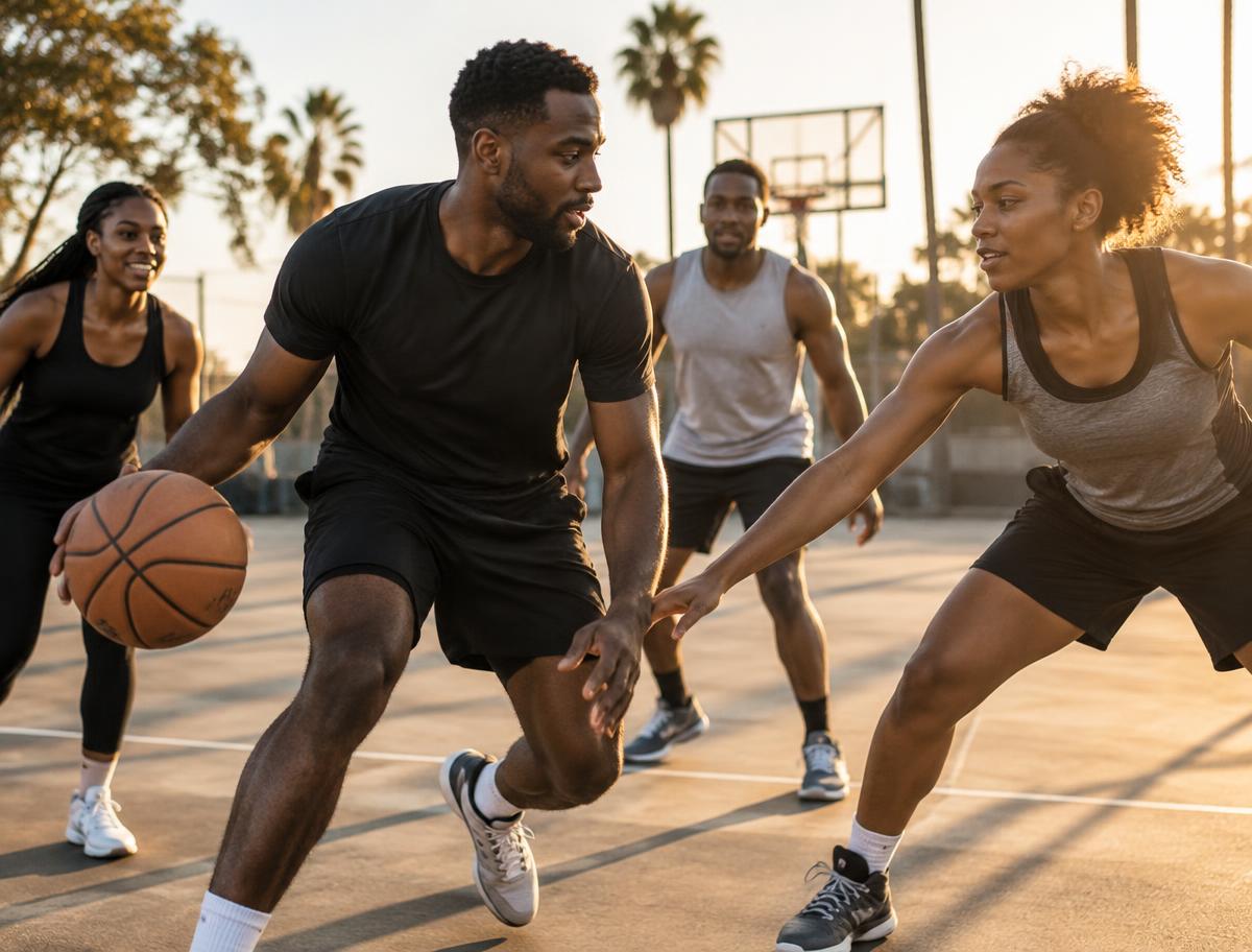 Players gathered on an outdoor court at golden hour