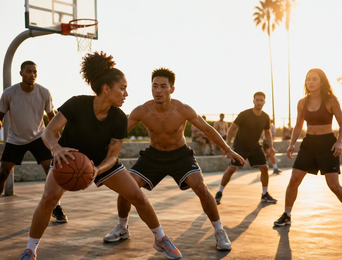 Players gathered on an outdoor court at golden hour